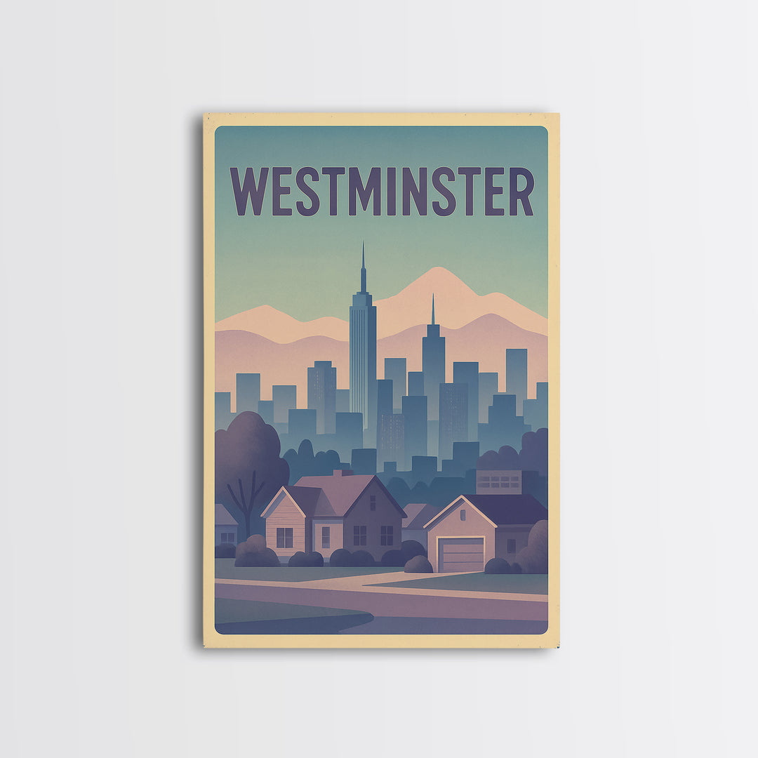 Westminster Colorado Travel Poster, Canvas Print, Vaporwave Cityscape Wall Art, Westminster Travel Art, Retro Travel Print, Travel Art