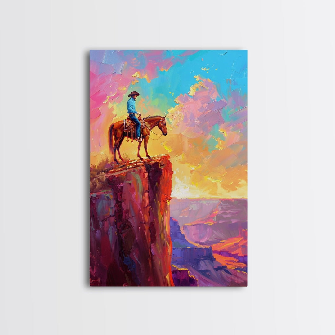 Cowboy on Horse at Sunrise - Colorful Western Landscape Painting, Sunrise Wall Art, Living Room Decor, Cowboy Canvas Print