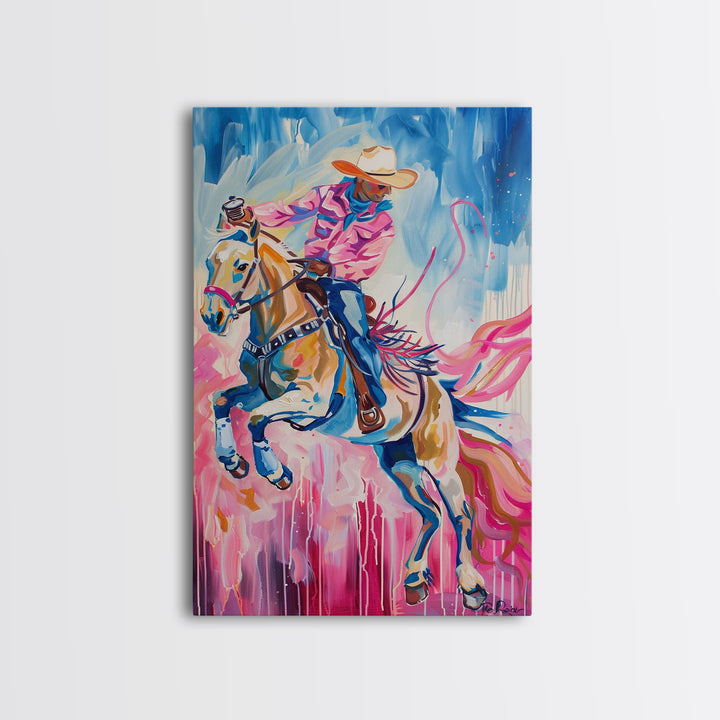 Dynamic Cowboy and Horse Painting - Colorful Western Art, Framed Canvas Print, Living Room Decor, Cowboy Riding Wall Art