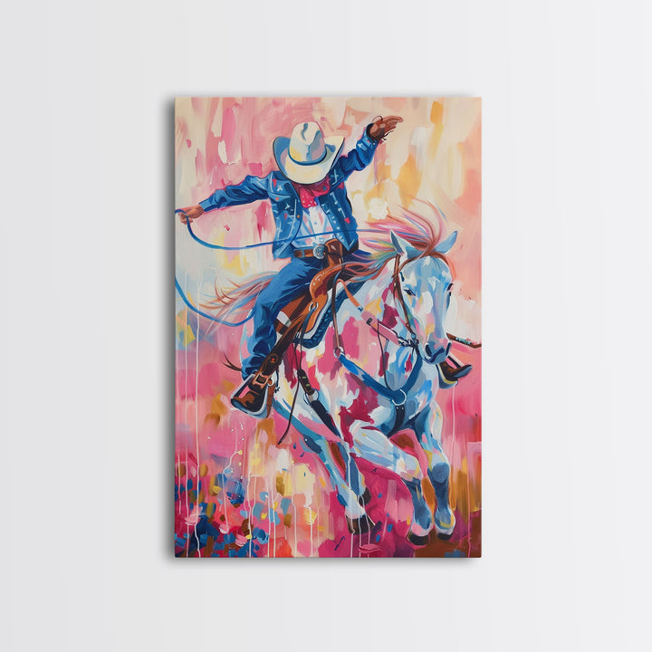 Energetic Cowboy on Horseback - Vibrant Western Art, Framed Canvas Print, Living Room Decor, Cowboy Rodeo Painting, Colorful Wall Art