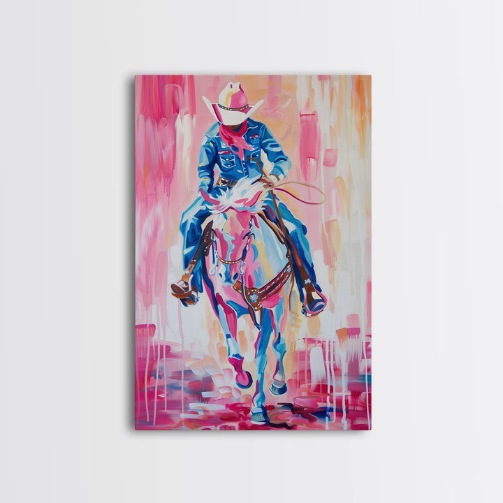 Cowboy Riding in Pink - Colorful Western Art, Framed Canvas Print, Living Room Decor, Cowboy Painting, Vibrant Wall Art