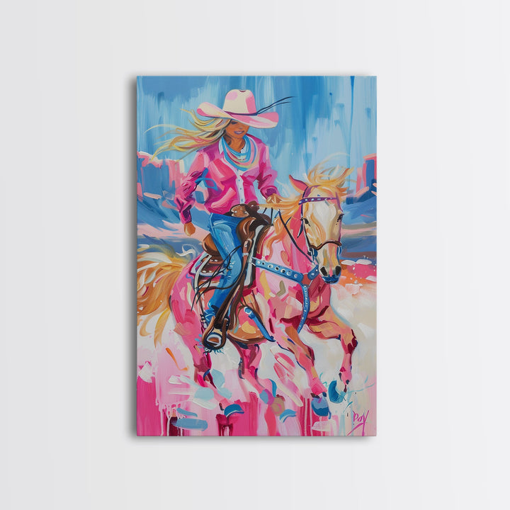 Dynamic Cowgirl and Horse - Colorful Western Art, Framed Canvas Print, Living Room Decor, Cowgirl Painting, Vibrant Wall Art