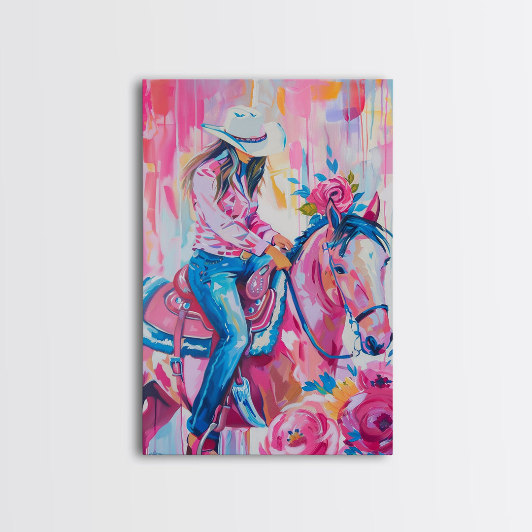 Cowgirl with Floral Horse - Colorful Western Art, Framed Canvas Print, Living Room Decor, Cowgirl Painting, Vibrant Wall Art