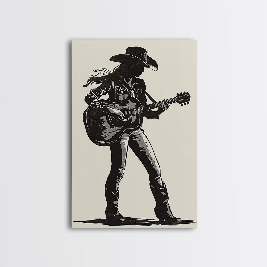 Cowgirl Guitarist Silhouette Art Print, Retro Western Framed Canvas, Vintage Country Music Art, Unique Wall Decor for Home