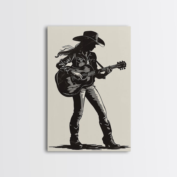 Cowgirl Guitarist Silhouette Art Print, Retro Western Framed Canvas, Vintage Country Music Art, Unique Wall Decor for Home