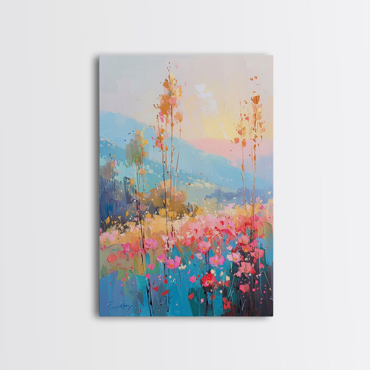 Serene Meadow Landscape at Sunrise - Framed Canvas Print, Tranquil Living Room Art, Peaceful Bedroom Decor, Pastel Flower Art, Wall Art