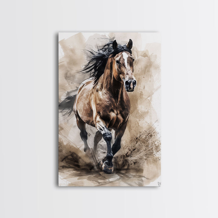 Powerful Horse Galloping - Framed Canvas Print, Dynamic Living Room Art, Energetic Bedroom Decor, Equestrian Art, Wall Art