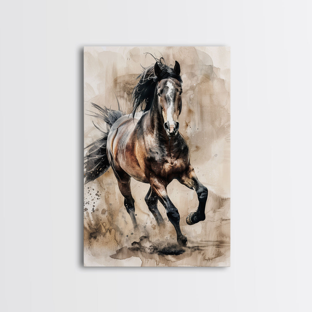 Running Horse in Motion - Framed Canvas Print, Lively Living Room Art, Vibrant Bedroom Decor, Equestrian Art, Wall Art