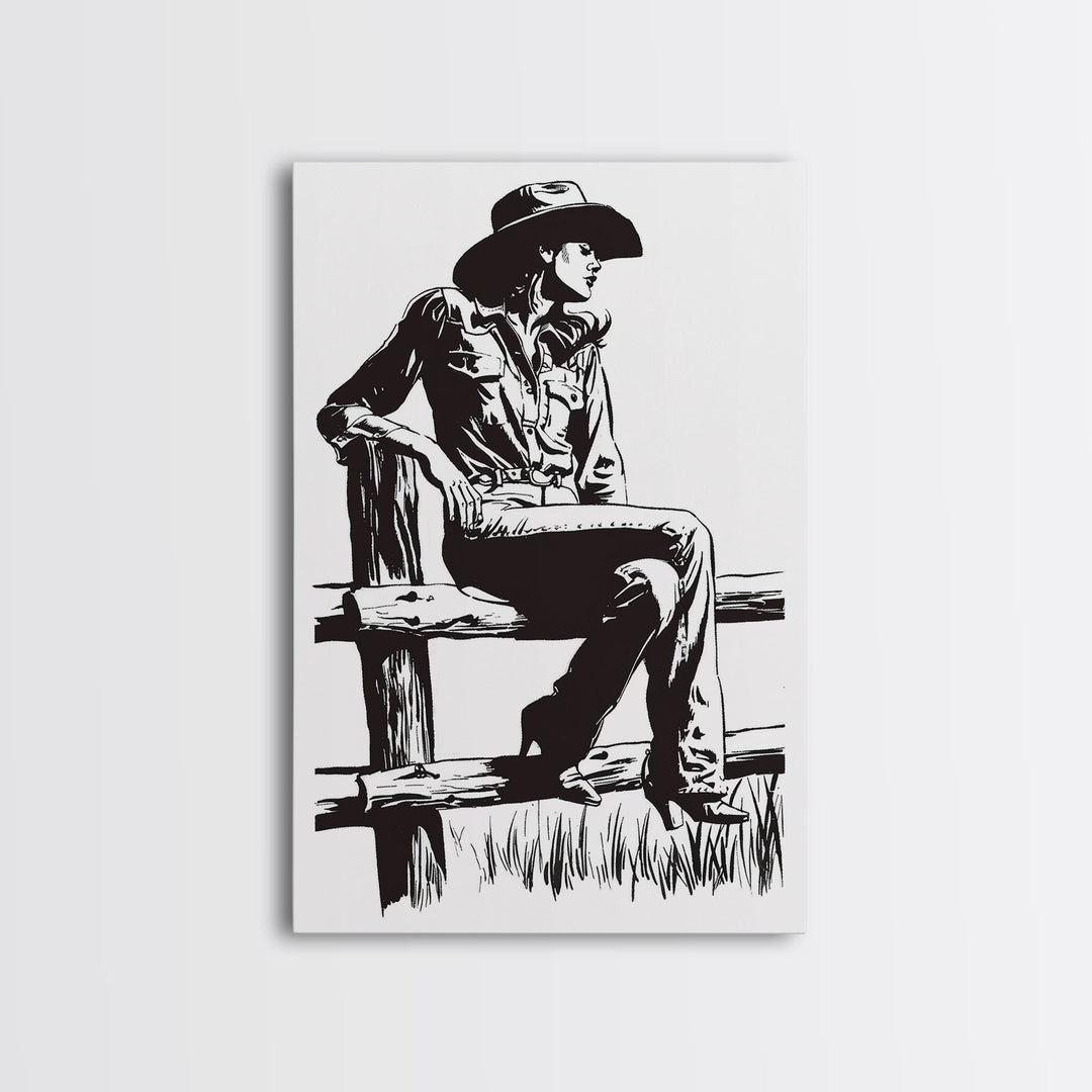 Cowgirl Resting on Fence Art Print, Western Silhouette Framed Canvas, Vintage Cowgirl Artwork, Rustic Home Decor