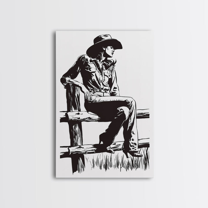Cowgirl Resting on Fence Art Print, Western Silhouette Framed Canvas, Vintage Cowgirl Artwork, Rustic Home Decor