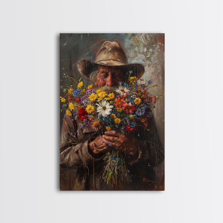 Old Cowboy with Wildflowers - Framed Canvas Print, Vintage Living Room Art, Rustic Bedroom Decor, Western Art, Wall Art