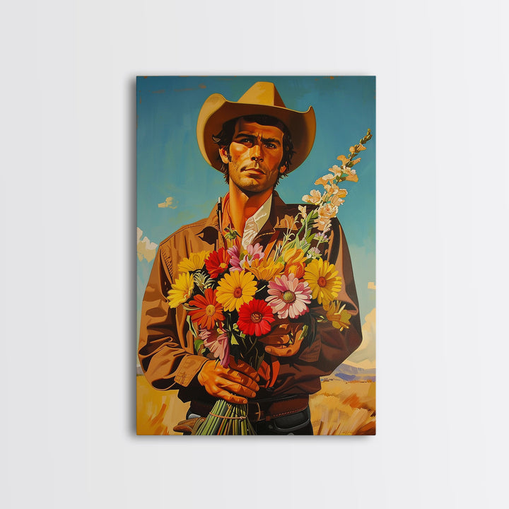 Vintage Cowboy Holding Flowers - Framed Canvas Print, Southwestern Living Room Art, Rustic Bedroom Decor, Retro Art, Wall Art