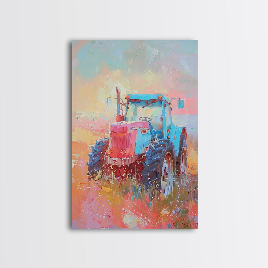 Colorful Tractor in Pastel Field - Framed Canvas Print, Farmhouse Living Room Art, Rustic Bedroom Decor, Rural Art, Wall Art