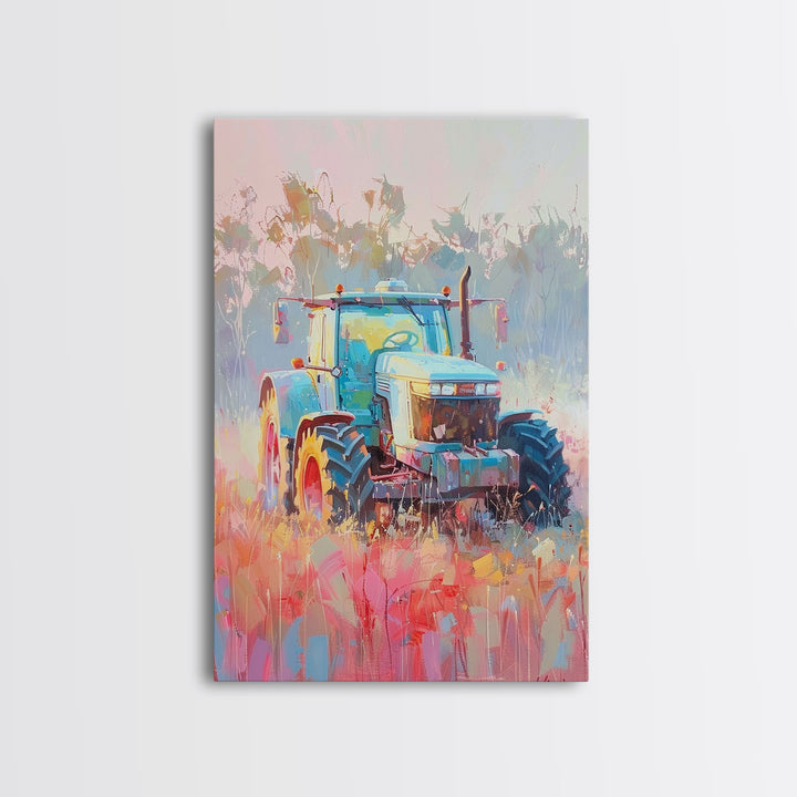 Farm Tractor in Vibrant Meadow - Framed Canvas Print, Countryside Living Room Art, Pastel Bedroom Decor, Rural Art, Wall Art