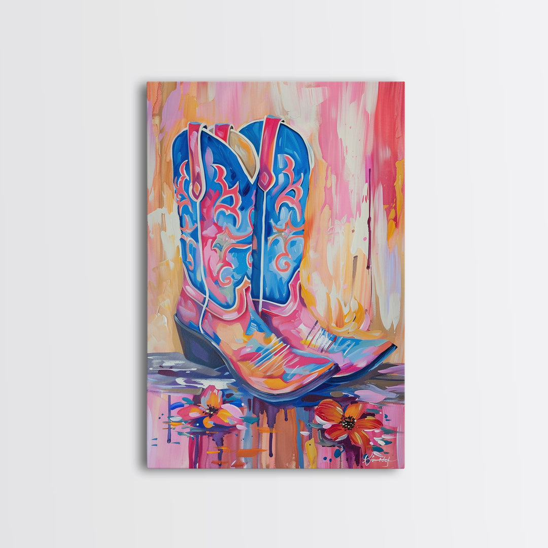 Colorful Cowboy Boots with Flowers - Framed Canvas Print, Rustic Western Decor, Vibrant Boot Wall Art for Home Decoration