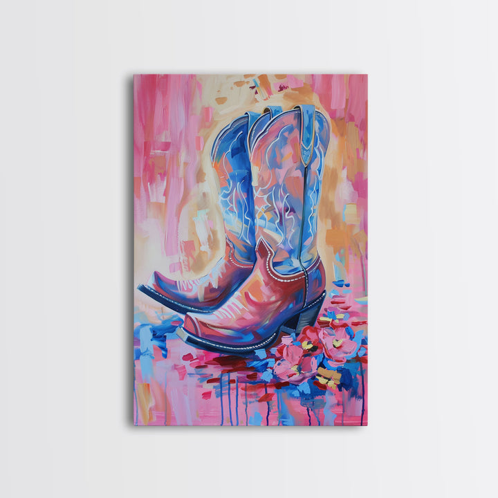 Bright Western Cowboy Boots Art with Floral Accents - Framed Canvas Print, Rustic Wall Art, Colorful Boot Decor for Living Room
