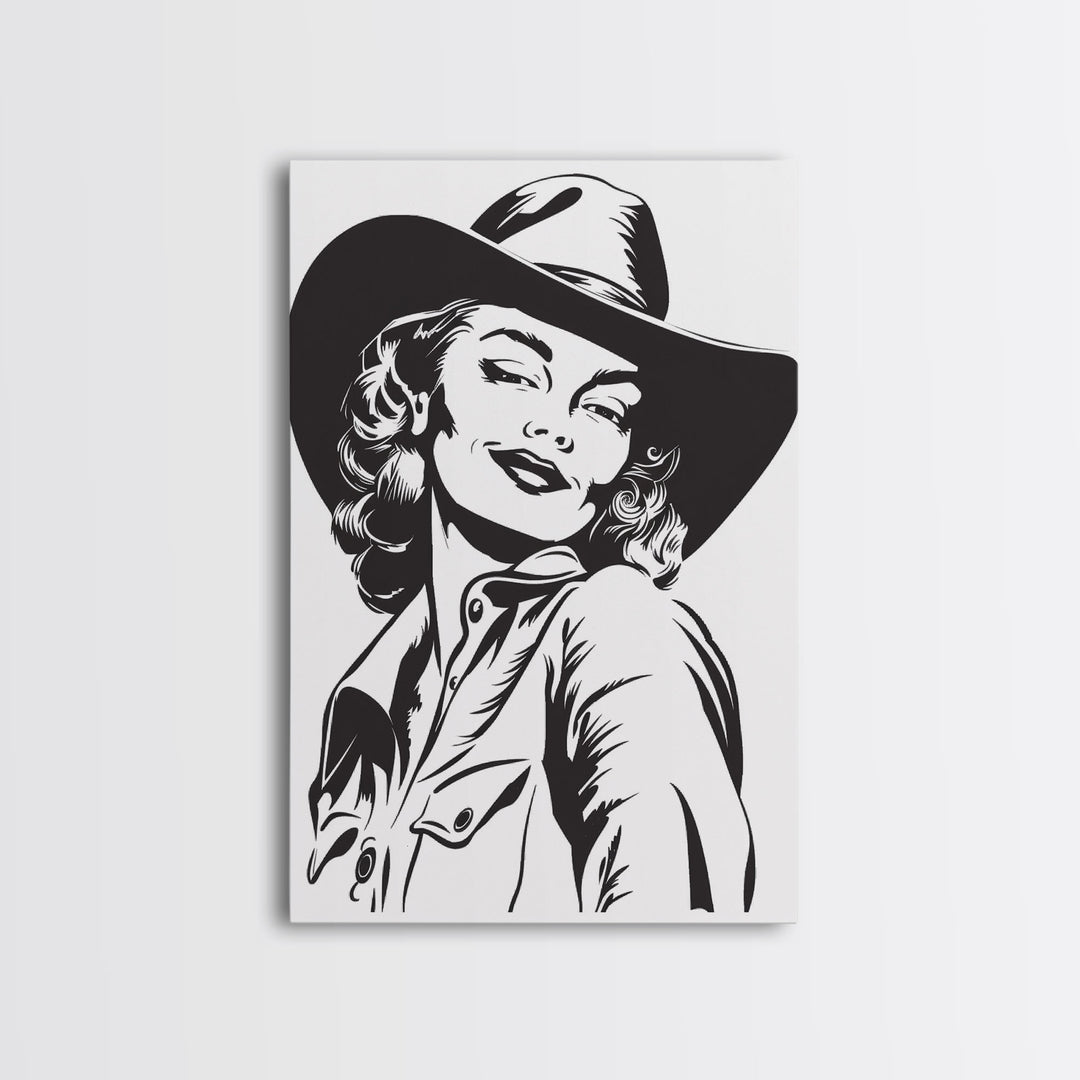 Smiling Cowgirl Portrait Art Print, Western Silhouette Framed Canvas, Vintage Cowgirl Artwork, Unique Wall Decor