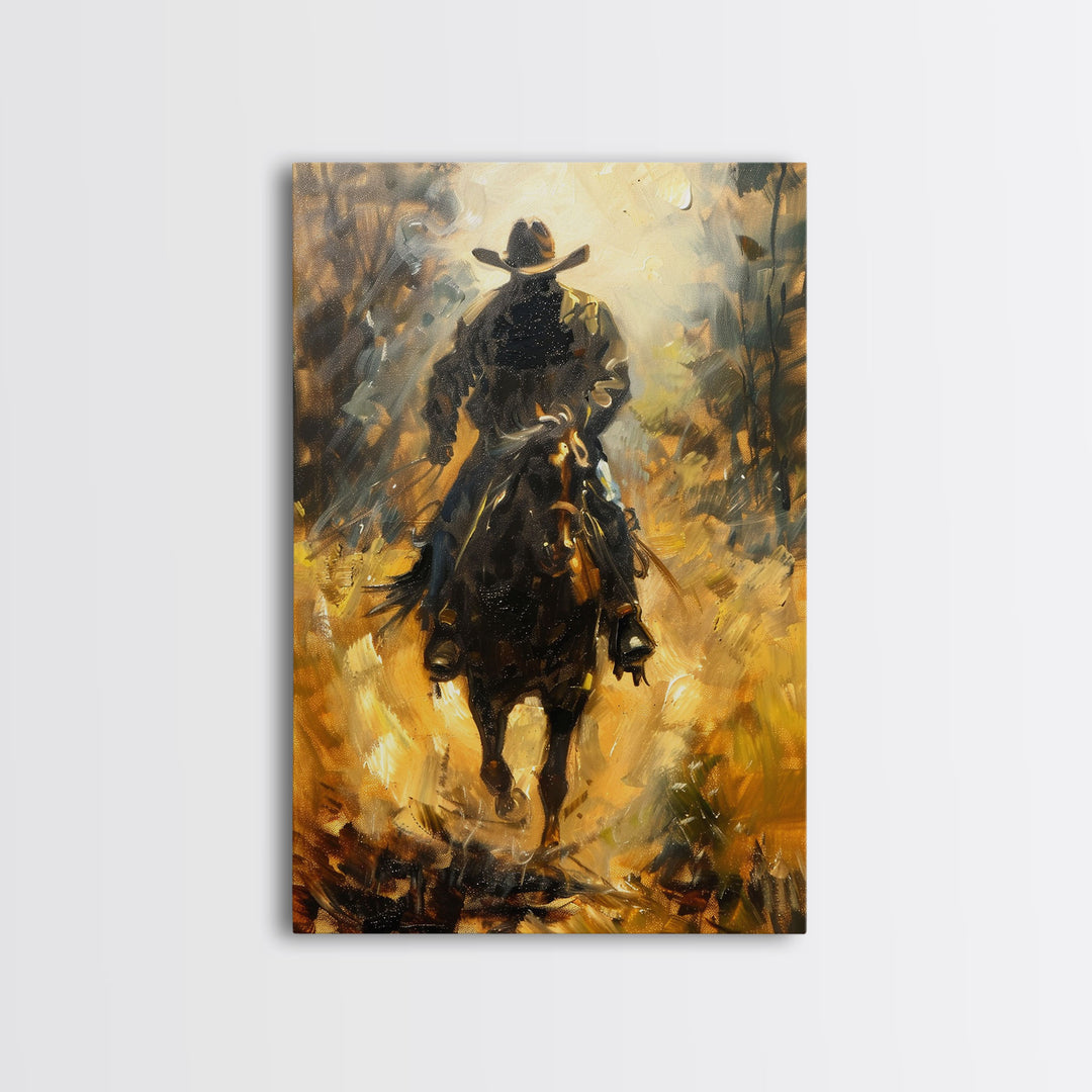 Cowboy Riding Horse into the Distance - Framed Canvas Print, Western Art, Rustic Decor, Living Room Wall Art, Cowboy Themed Art