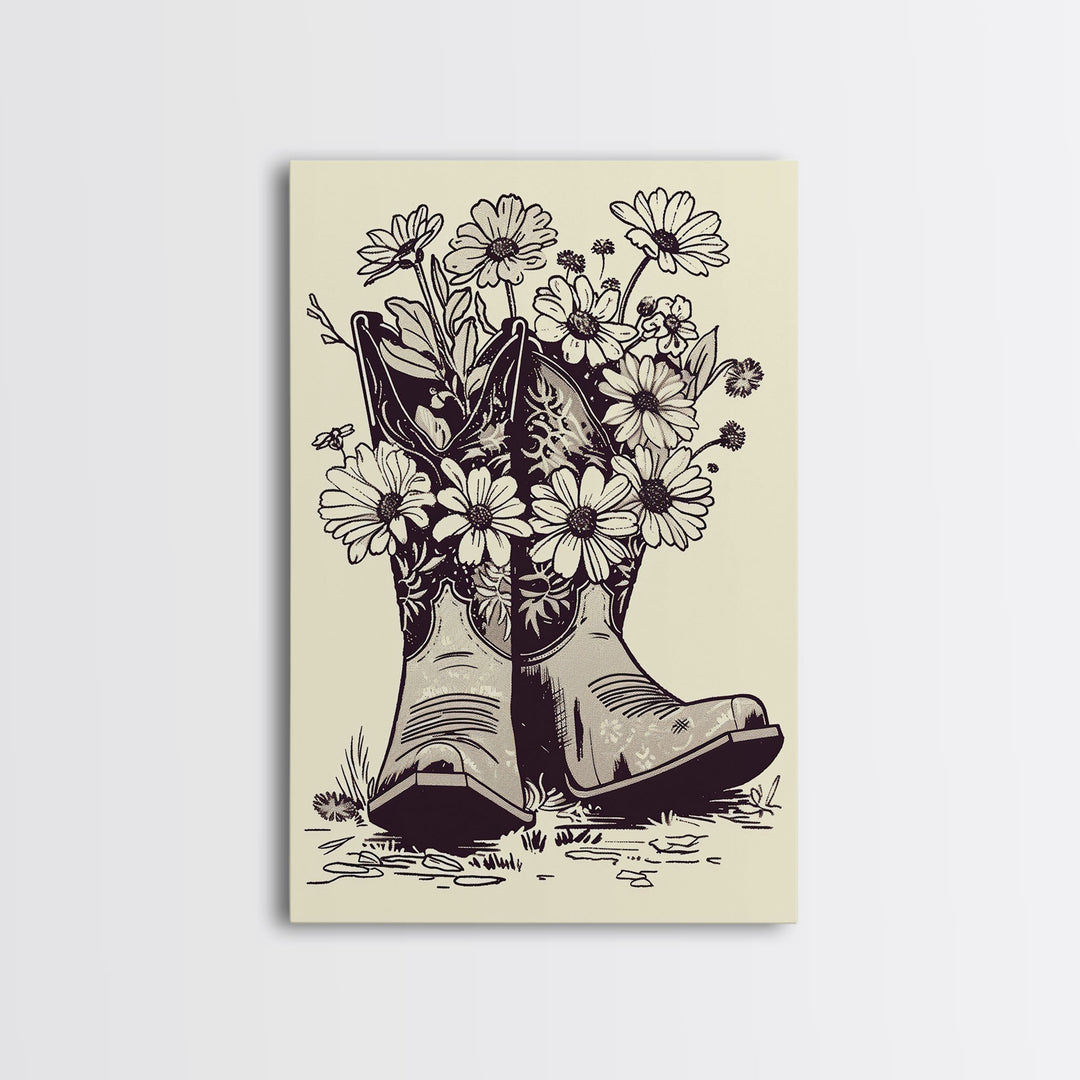 Cowboy Boots with Flowers Art Print, Western Silhouette Framed Canvas, Vintage Floral Boots Art, Unique Home Decor