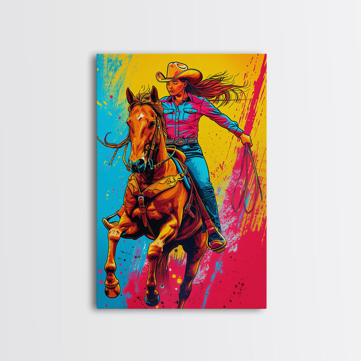Bold Pop Art Cowgirl Riding Horse with Bright Colors - Framed Canvas Print, Equestrian Decor, Cowgirl Art for Bedroom, Living Room Wall Art
