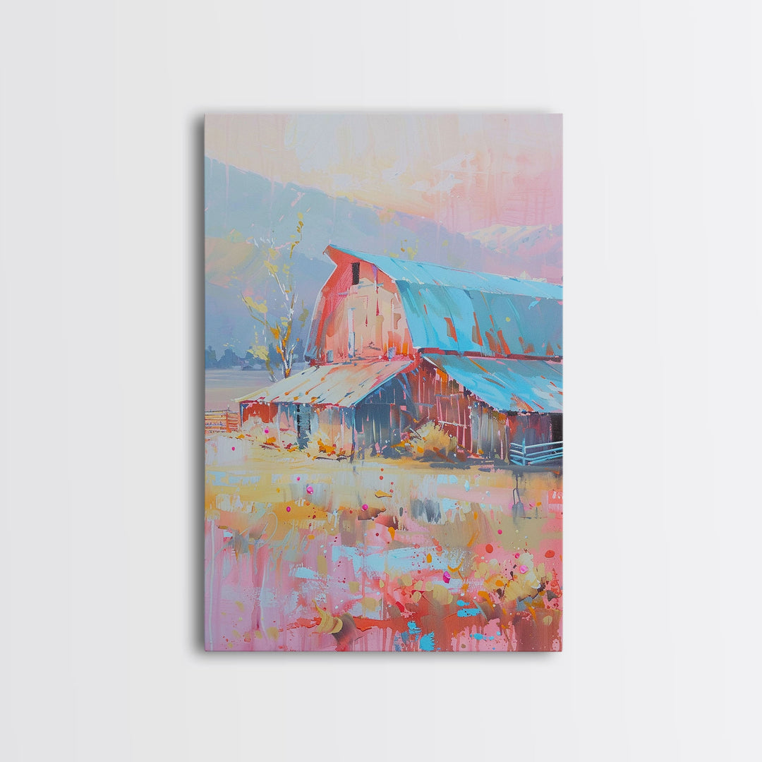 Rustic Pastel Barn in Countryside Landscape - Framed Canvas Print, Farmhouse Decor, Country Art for Living Room, Rustic Wall Art for Home