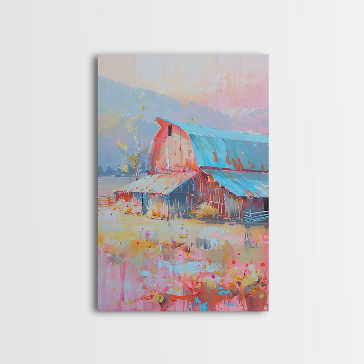 Rustic Pastel Barn in Countryside Landscape - Framed Canvas Print, Farmhouse Decor, Country Art for Living Room, Rustic Wall Art for Home