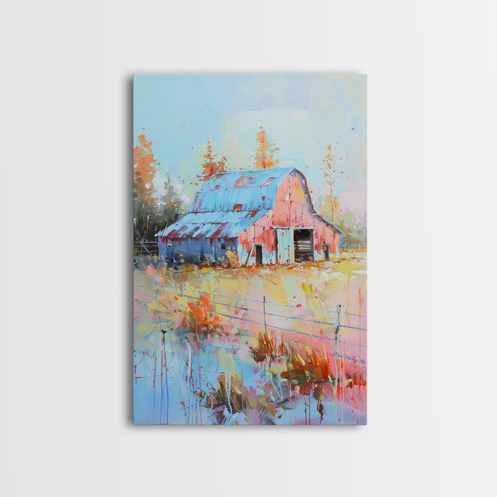 Serene Barn Scene in Soft Pastel Hues - Framed Canvas Print, Rustic Decor, Countryside Art for Bedroom, Farmhouse Wall Art for Living Room