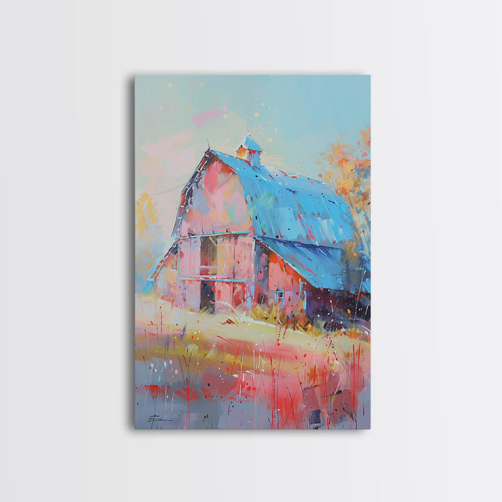 Charming Barn with Blue Roof in Pastel Colors - Framed Canvas Print, Rustic Farmhouse Decor, Country Art for Home, Living Room Wall Art