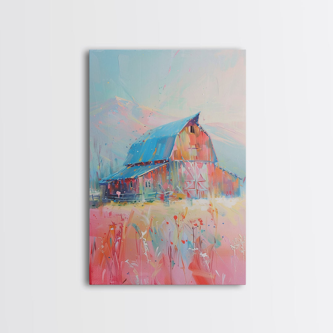 Idyllic Pastel Barn Scene in Vibrant Colors - Framed Canvas Print, Farmhouse Decor, Countryside Art for Bedroom, Rustic Wall Art Living Room