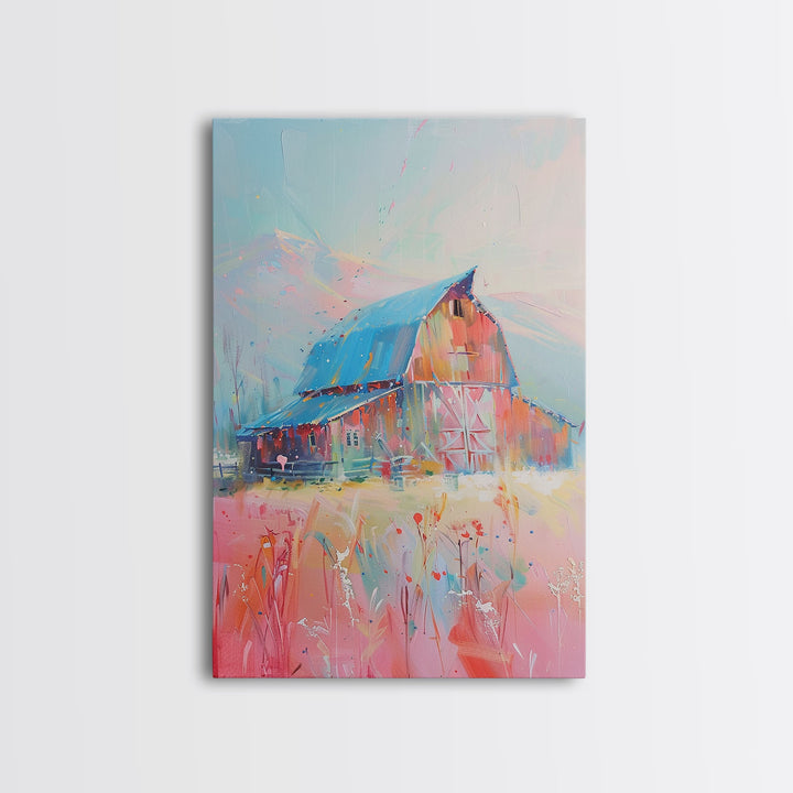 Idyllic Pastel Barn Scene in Vibrant Colors - Framed Canvas Print, Farmhouse Decor, Countryside Art for Bedroom, Rustic Wall Art Living Room