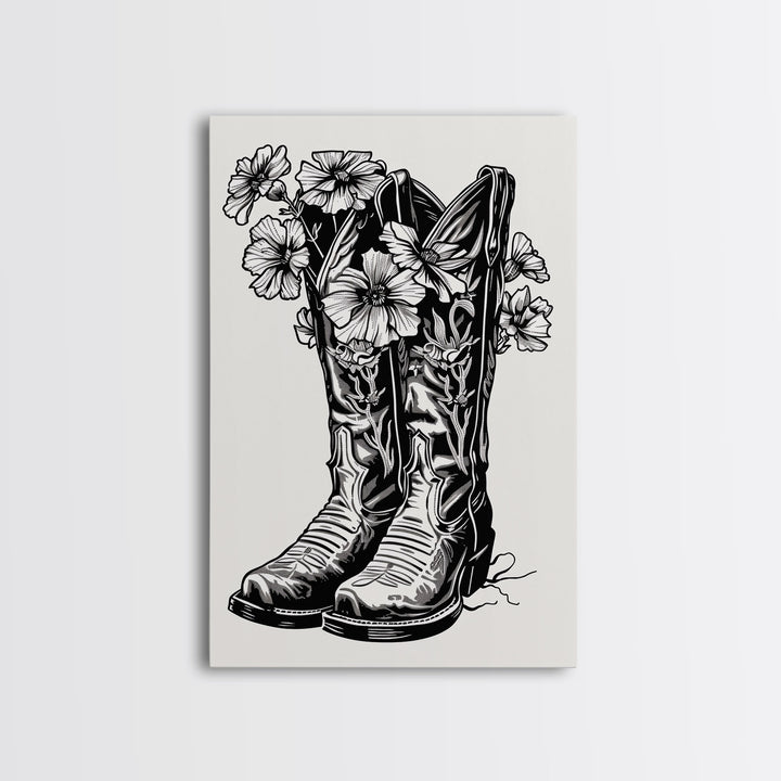 Floral Cowboy Boots Art Print, Retro Western Framed Canvas, Vintage Flower Boots Artwork, Unique Wall Decor for Home