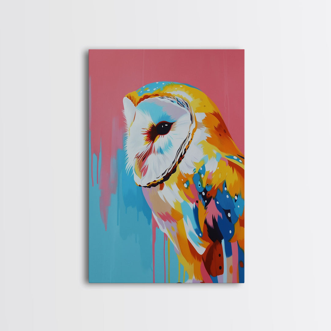 Colorful Owl Pop Art on Pink and Blue Background - Framed Canvas Print, Bird Decor, Owl Art for Living Room, Vibrant Wall Art for Bedroom