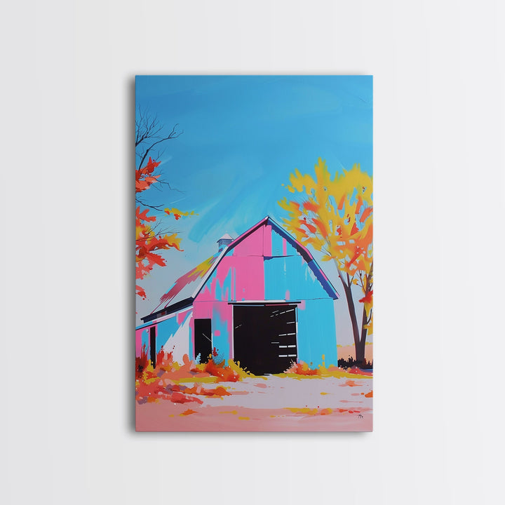 Bright Barn in Autumn Colors with Blue Sky - Framed Canvas Print, Rustic Decor, Barn Art for Living Room, Country Wall Art for Home