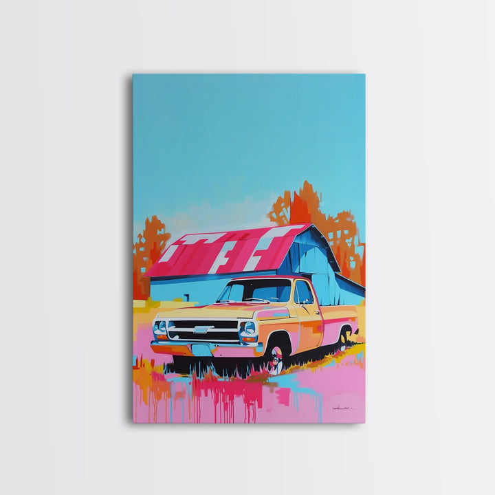 Vintage Truck with Colorful Barn in Background - Framed Canvas Print, Retro Decor, Truck Art for Bedroom, Farmhouse Wall Art for Living Room