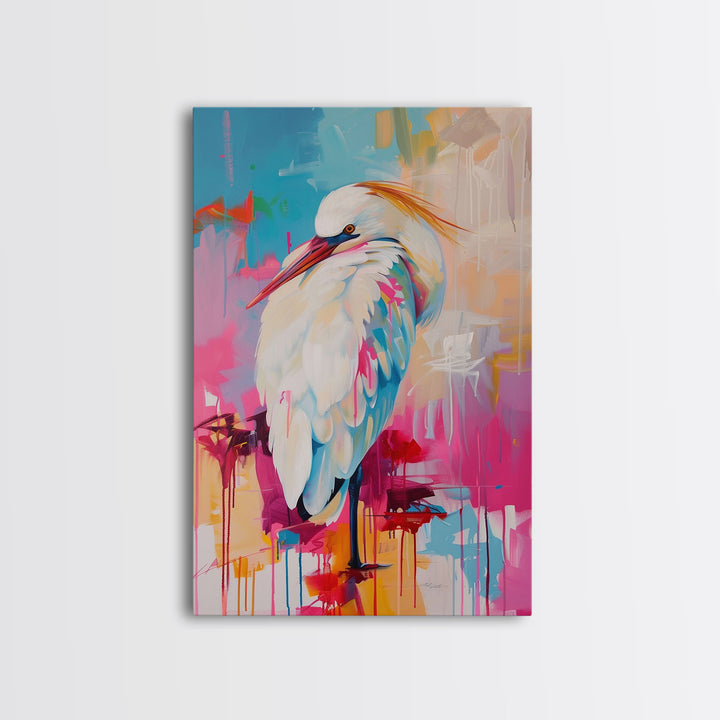 Elegant White Bird in Colorful Abstract Background - Framed Canvas Print, Bird Decor Modern Art for Living Room Vibrant Wall Art for Bedroom