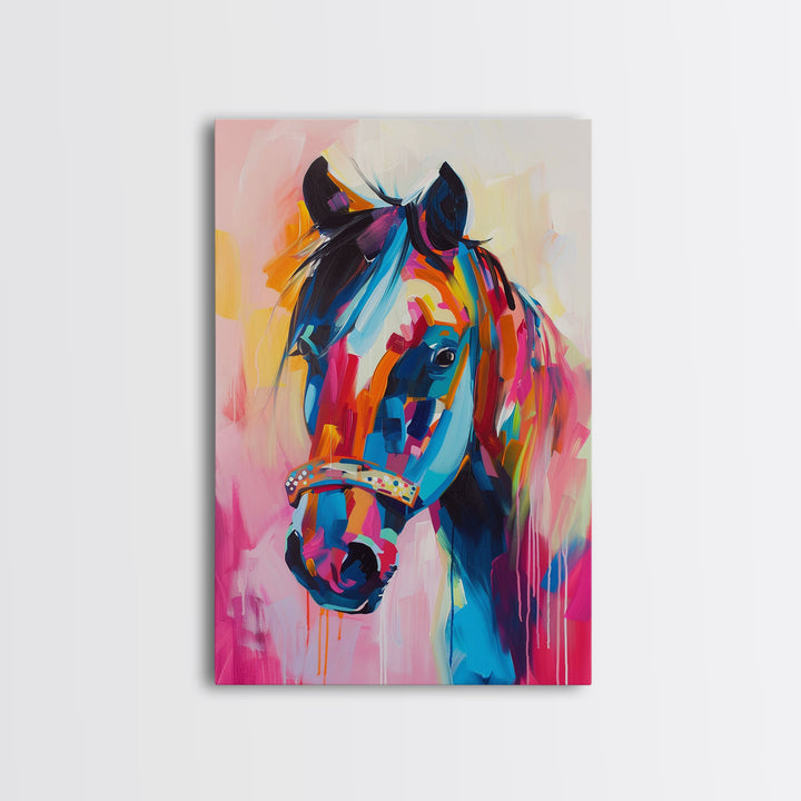 Colorful Horse Portrait in Pop Art Style - Framed Canvas Print, Horse Decor, Equestrian Art for Living Room, Bright Wall Art for Bedroom