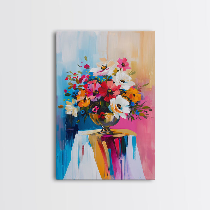 Colorful Floral Arrangement in Bright Vase - Framed Canvas Print, Flower Decor, Floral Art for Living Room, Vibrant Wall Art for Home