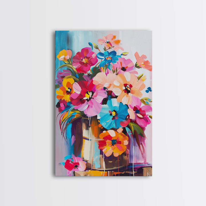 Bold Floral Bouquet in Bright Colors - Framed Canvas Print, Flower Decor, Floral Art for Bedroom, Vibrant Wall Art for Living Room
