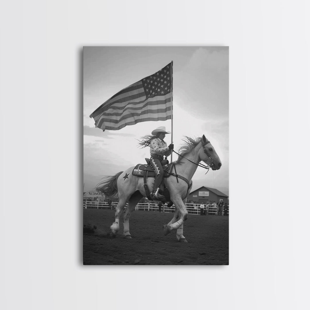 Cowgirl with American Flag Art Print, Western Rodeo Framed Canvas, Vintage Black and White Photography, Unique Home Decor
