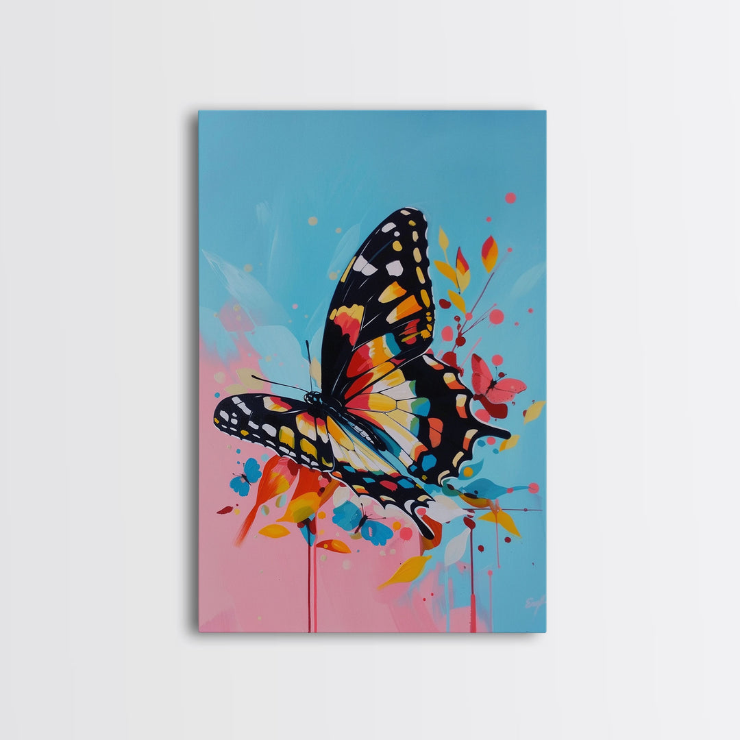 Butterfly and Blossoms Framed Canvas Print - Colorful Wall Art, Living Room Decor, Nature Artwork, Unique Art for Bedroom and Office