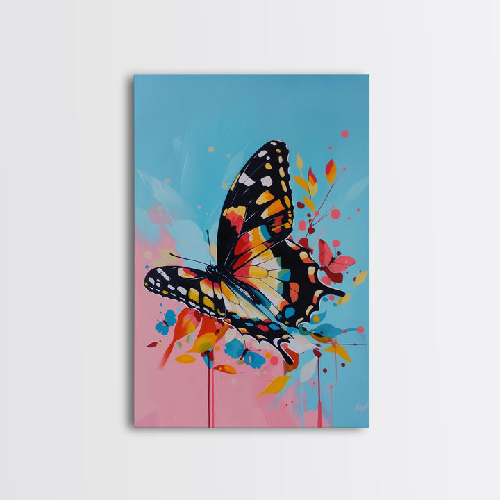 Butterfly and Blossoms Framed Canvas Print - Colorful Wall Art, Living Room Decor, Nature Artwork, Unique Art for Bedroom and Office