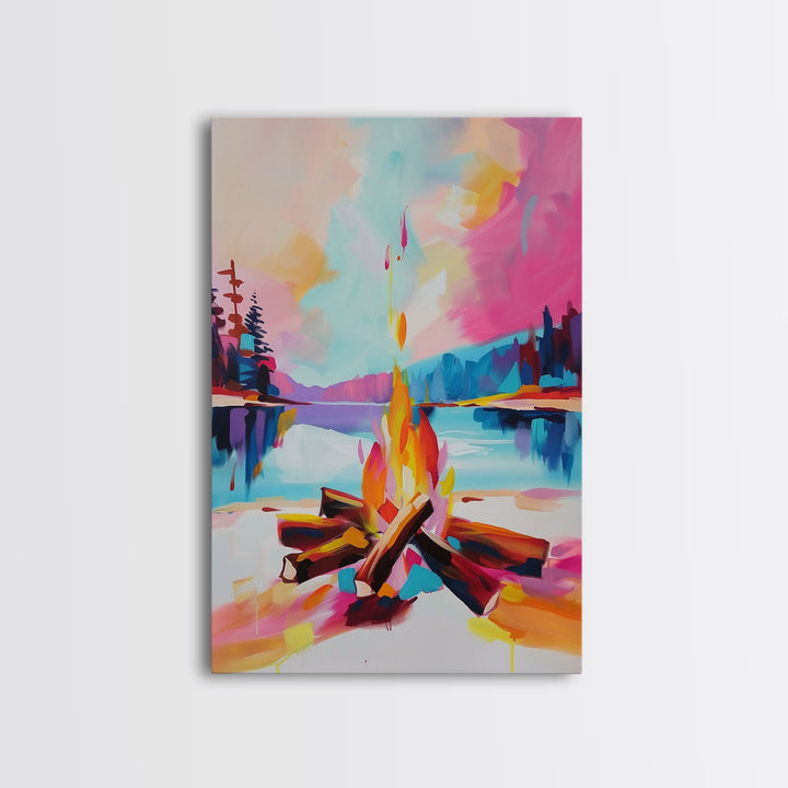 Campfire by the Lake Framed Canvas Print - Colorful Nature Wall Art, Living Room Decor, Modern Artwork, Unique Fire Art for Bedroom Office