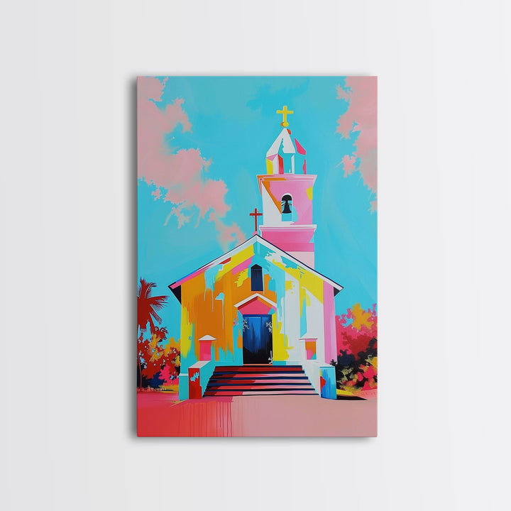 Vibrant Church Art in Pastel Hues - Framed Canvas Print, Colorful Religious Decor, Contemporary Church Wall Art for Living Room or Bedroom