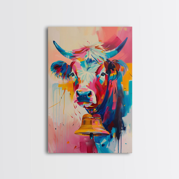 Expressive Cow Art in Bold Hues - Framed Canvas Print, Colorful Animal Decor, Modern Farmhouse Wall Art for Living Room or Bedroom