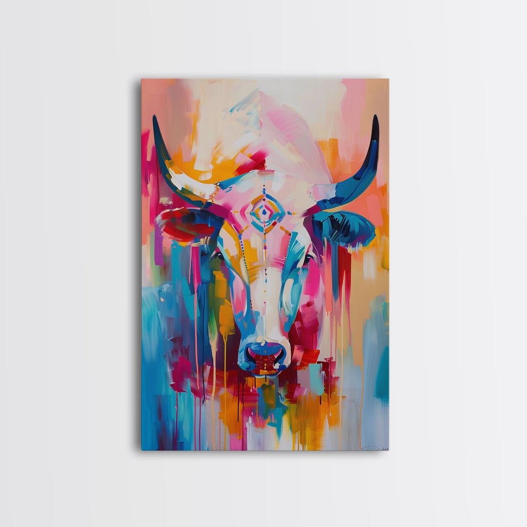 Colorful Bull Painting with Abstract Style - Framed Canvas Print, Bold Animal Wall Art, Modern Bull Decor for Living Room or Bedroom