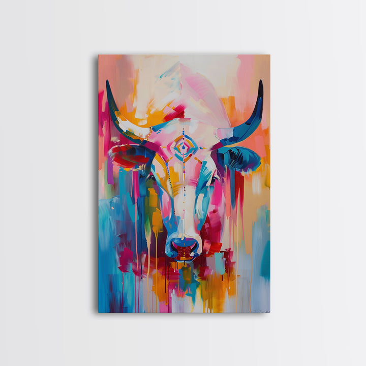 Colorful Bull Painting with Abstract Style - Framed Canvas Print, Bold Animal Wall Art, Modern Bull Decor for Living Room or Bedroom