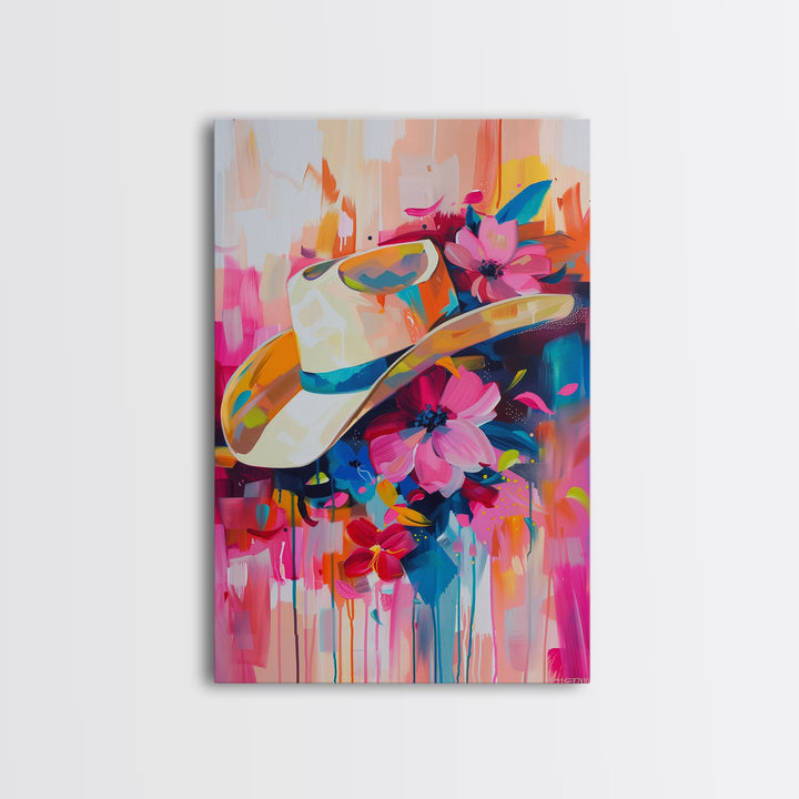 Cowboy Hat with Flowers in Bold Colors - Framed Canvas Print, Vibrant Western Decor, Colorful Hat Wall Art for Living Room or Bedroom