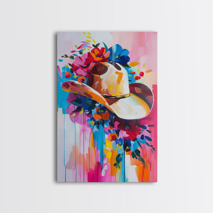 Colorful Cowboy Hat with Floral Accents - Framed Canvas Print, Modern Western Decor, Bold Hat Wall Art for Living Room or Bedroom