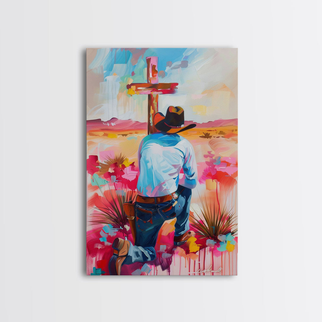 Cowboy Praying by the Cross in Vibrant Colors - Framed Canvas Print, Colorful Western Decor, Modern Cowboy Wall Art for Living Room Bedroom