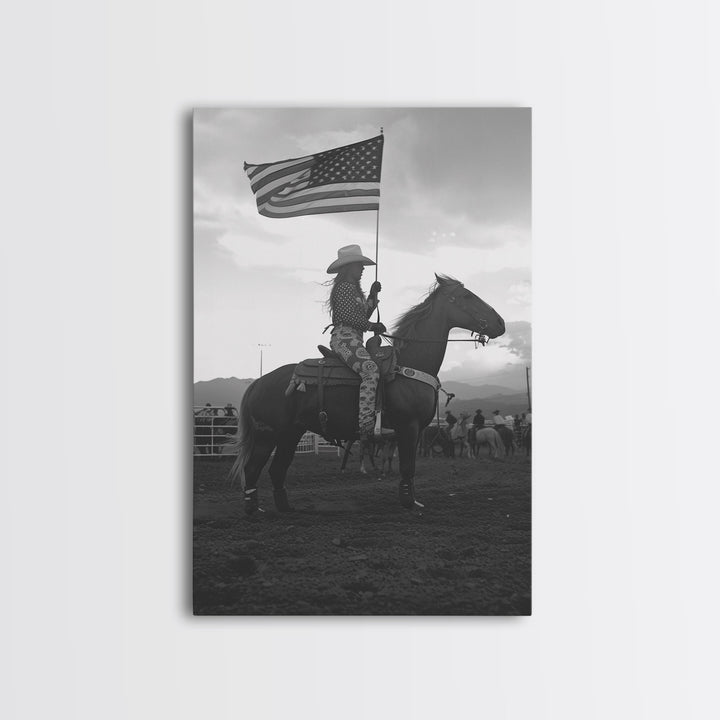 Cowgirl Riding with Flag Art Print, Western Rodeo Framed Canvas, Vintage Black and White Photography, Unique Home Decor